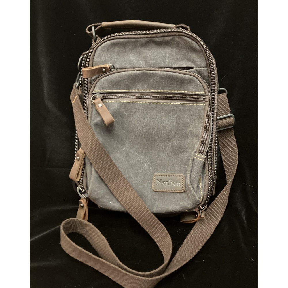 Nerlion Canvas Messenger Shoulder Crossbody Bag Gray Brown Trim Thermal Pouch